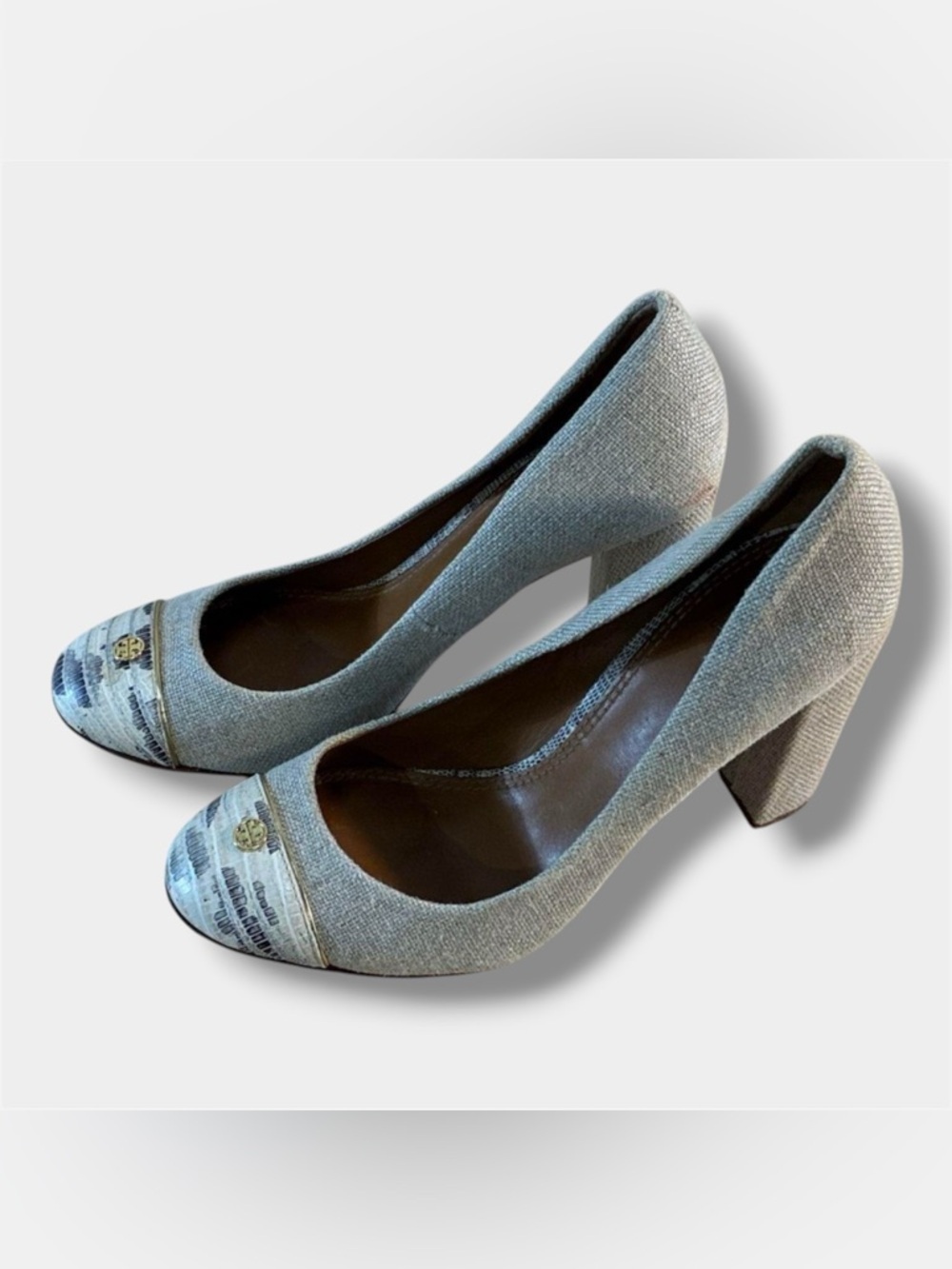 Tory Burch Cap Toe Pumps Linen Fabric Medallion Block Heel Womens Size 7.5M